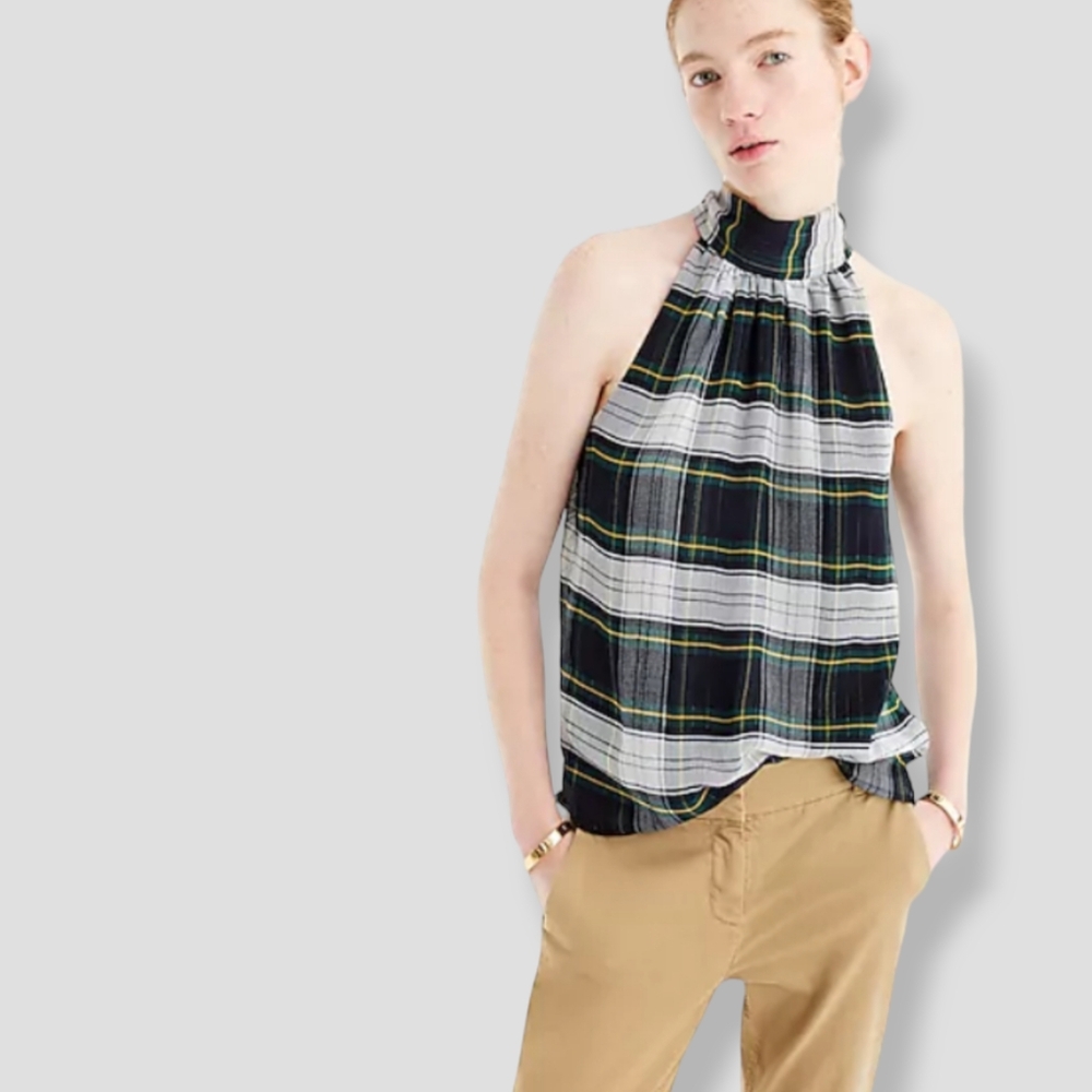 NWT J. CREW Tartan Plaid Keyhole Back Halter Blouse Navy